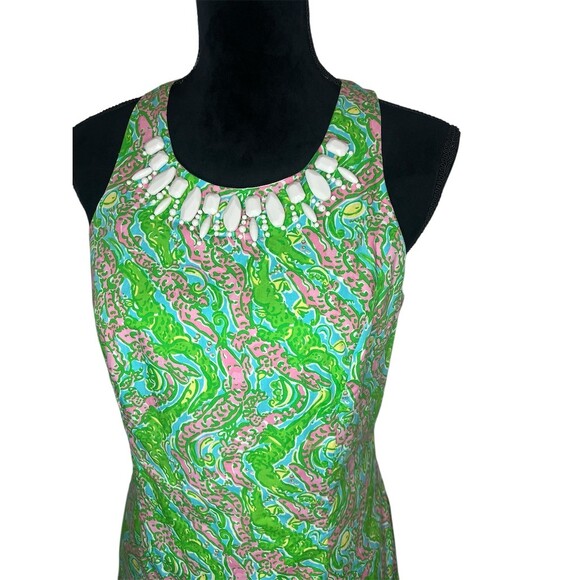 Vintage Lilly Pulitzer Dress Womens M Green Alligator Print Beaded - Picture 4 of 8